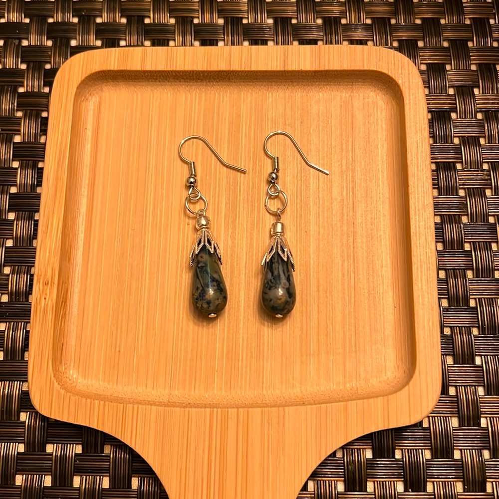 Handmade Tear Drop Elongated Dark Blue Dangle Earrings